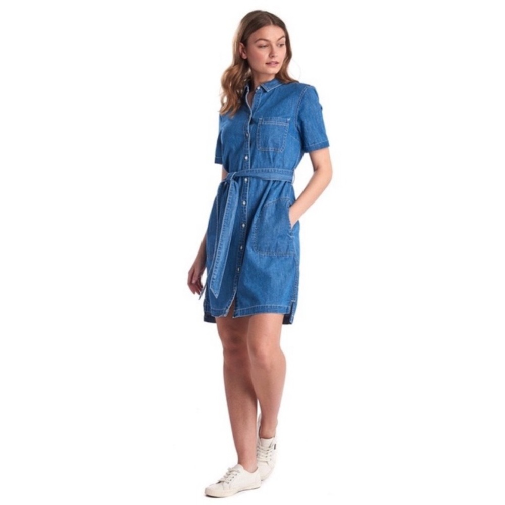 Barbour Denim Seaboard Dress Women Size 8 Button Down Short Sleeve Belted